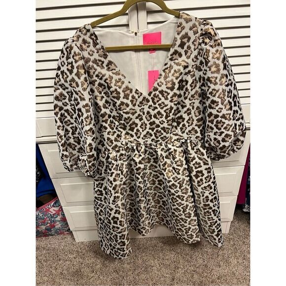 New Lilly Pulitzer Calyssa Dress Gold Metallic Leopard Jacquard size 16 - Picture 1 of 5
